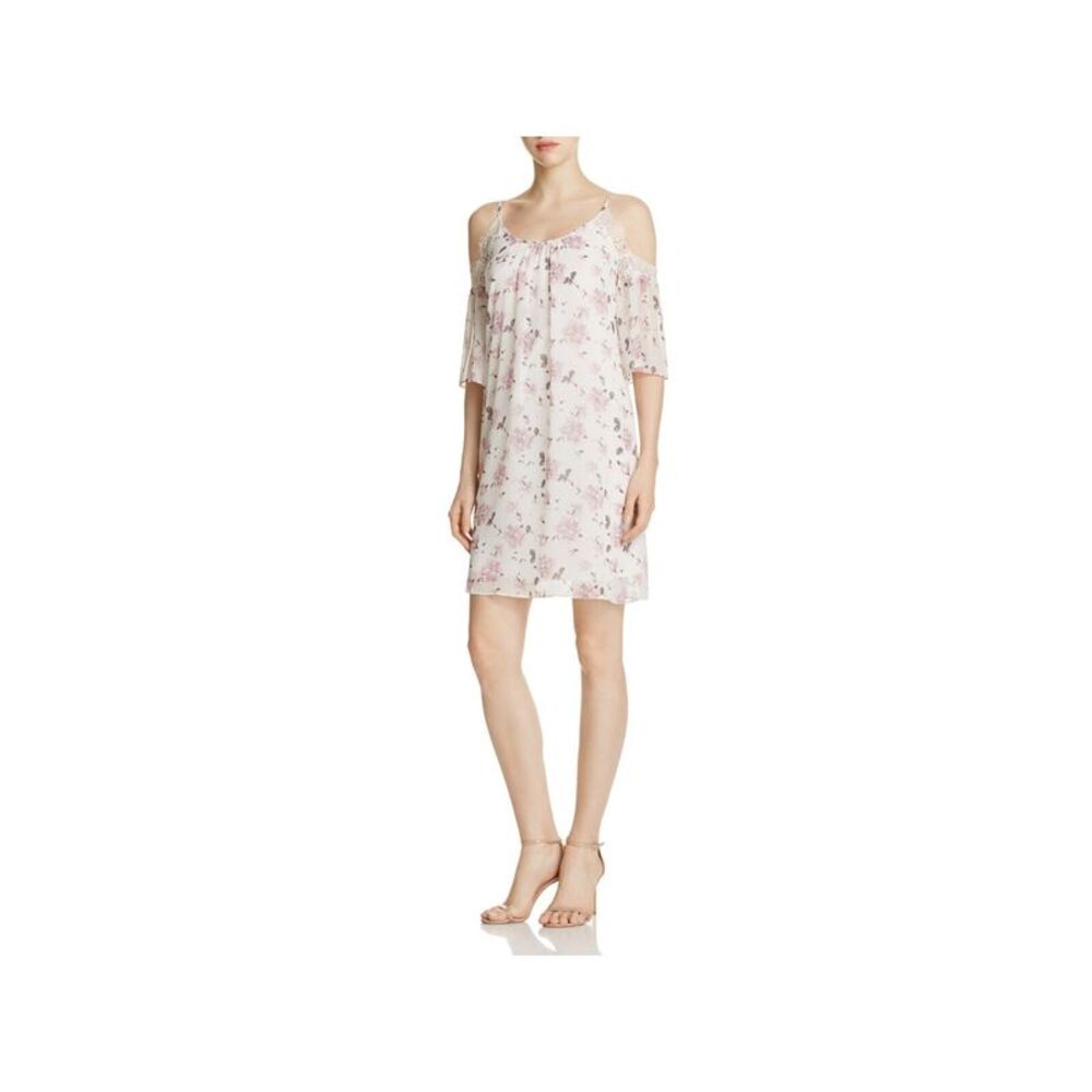 SOLOISTE Womens Ivory Lined Elbow Sleeve Scoop Neck Short Party Shift Dress S